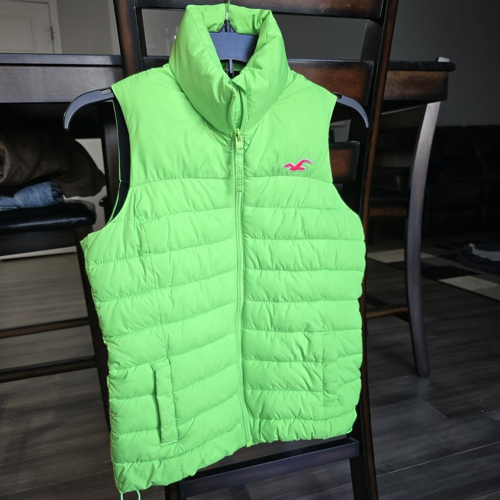 Hollister Womens Green Puffer Vest Hoodless Zip Front Logo XS